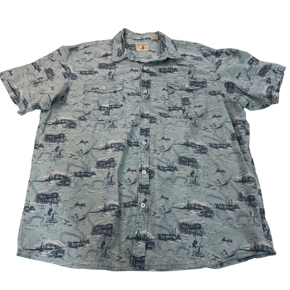 RedHead Button Down Shirt Blue Fishing Scenic Map Short Sleeve Cotton 2XL Mens